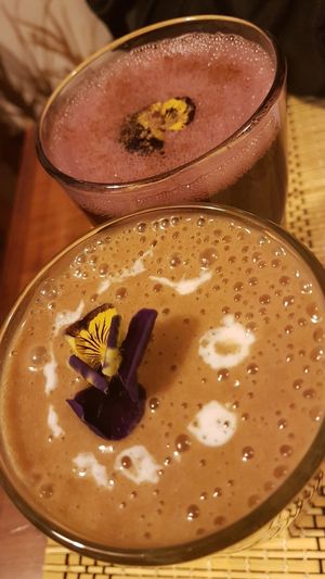 chicha morada and maca/banana smoothie at Vida Vegan Bistro in Cusco
