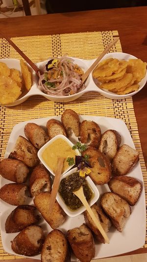 garlic bread and tostones at Vida Vegan Bistro in Cusco