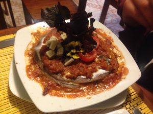 lasagne with home made beetroot pasta sheets  at Vida Vegan Bistro in Cusco