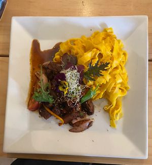 Pasta a la huancaina  at Vida Vegan Bistro in Cusco