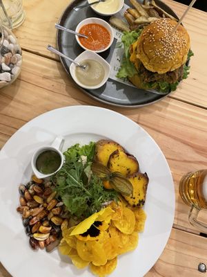 Burger (great sauce selection!) and mushroom ceviche (the ceviche component was relatively small and buried under the greens)  at Vida Vegan Bistro in Cusco