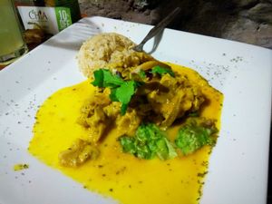 Mushrooms, potatoes and rice.  at Vida Vegan Bistro in Cusco