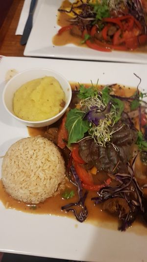 Great soy meat, super tasty mash potato. First option on the mains menu at Vida Vegan Bistro in Cusco