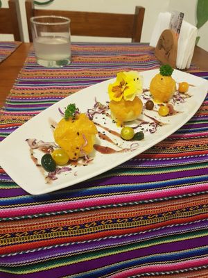 Peruvian potato dish, delicious at Vida Vegan Bistro in Cusco