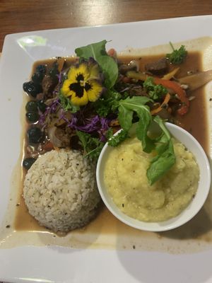 Seitan peppers and potatoes delicious!!! at Vida Vegan Bistro in Cusco