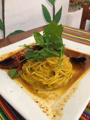 Pasta a la huancaina con lomo saltado de carne de soya (Peruvian-style pasta) at Vida Vegan Bistro in Cusco