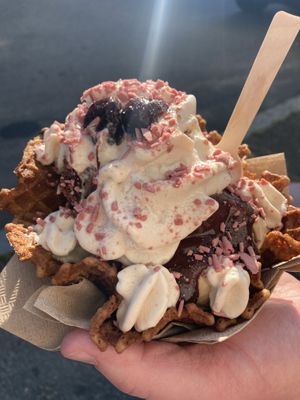 Sundae with root beer sprinkles, chocolate fudge, and vegan whipped cream  at Sticky Sweet in Portland