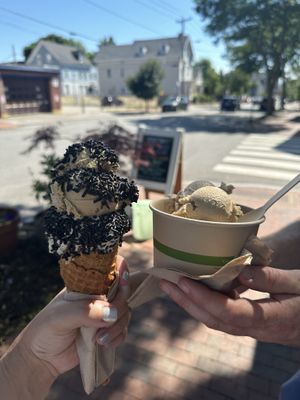 Pistachio double scoop on a waffle cone and a dish of coffee + strawberry cheesecake   at Sticky Sweet in Portland