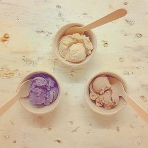 house-made, dairy-free/vegan ice creams (sea salted maple, wild blueberry velvet & sweet strawberry jam) at Sticky Sweet in Portland