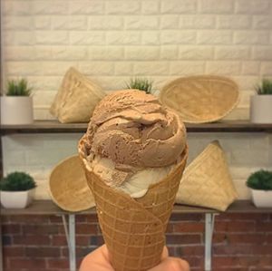 vegan ice cream: scoop of frozen cocoa pudding + scoop of local roasted latte on fresh waffle cone (vegan/gluten-free) at Sticky Sweet in Portland