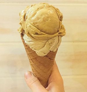 Pumpkin Ginger + Local Roasted Latte ice cream in house-made waffle cone (vegan & gluten-free) at Sticky Sweet in Portland