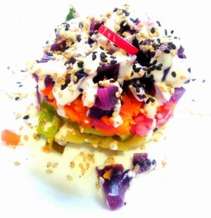 Ensalada de Col escaldada y cebolla morada marginada con sojanesa. at Beganbai in Vitoria Gasteiz