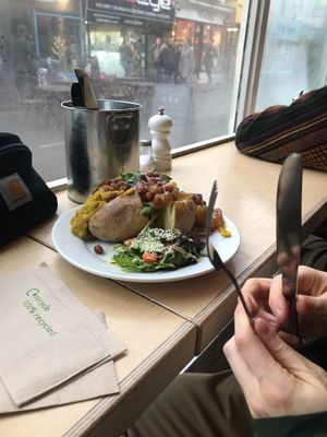 Dahl and mango chutney baked potato  at Larder in Brighton