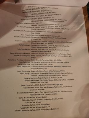 Allergens list for new menu - no longer vegan at Pura in Luzern
