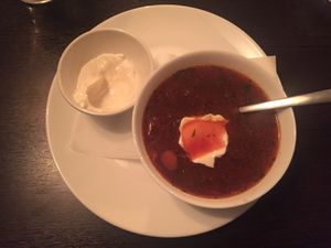 Borsch soup (winter menu) at Ugol in Moscow