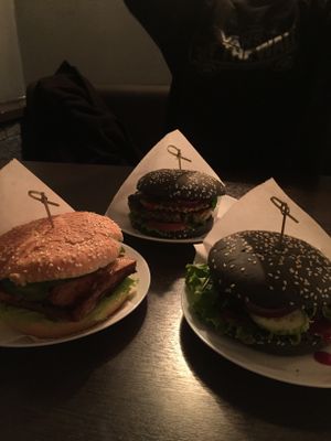 Falafel burger, seitan burger and lentil burger  at Ugol in Moscow