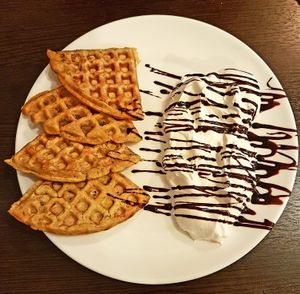 Waffles with vegan cream and chocolate sauce, delish!  at Ugol in Moscow