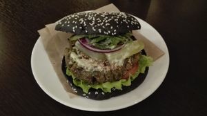 Tasty black bun and lentil burger at Ugol in Moscow