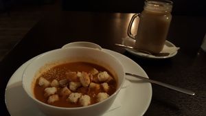 Soup and lavender tea with soy milk at Ugol in Moscow