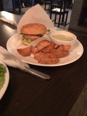 Burger and fries at Ugol in Moscow