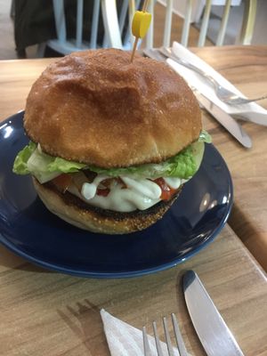 yummy vegan burger ?  at A Tad Whimsy in Hobart