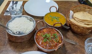 Vegetable jal freizi and daal tadka served with steamed rice and poppadoms at Master of India in Taupo