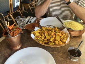 Eggplant & mushroom special, daal makhani, vegetable pakora and basmati rice (largest size)  at Master of India in Taupo