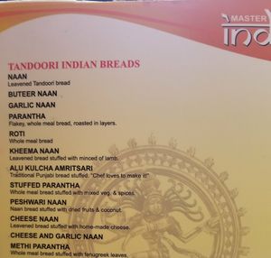 Bread Menu. at Master of India in Taupo
