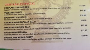 Chefs Balti Menu. at Master of India in Taupo