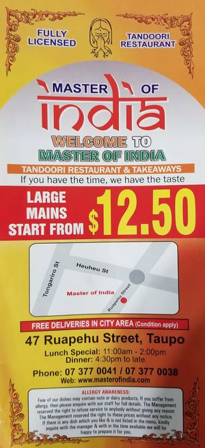 Promotional flyer. at Master of India in Taupo
