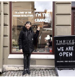 Fredrik Alexandersson, The Co-Founder of THRIVE in front of the Store. at Thrive - Conscious Fashion in Gothenburg