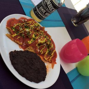 Chilaquiles with black beans  at Machima in Ajijic