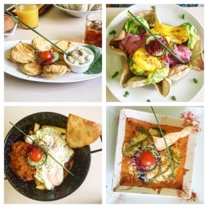 zucchini fritters, tofu salad, egg with potatoes, moussaka at Yerbabuena - Hileras in Madrid