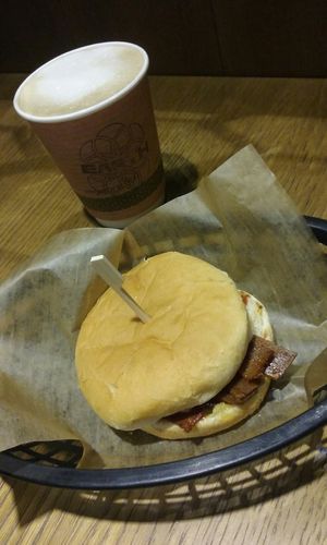 This is a bacon roll and was blooming amazing- i got it with ketchup (and regular oat latte) at Earth Restaurant & Takeaway in Petersfield