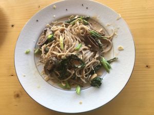 buckwheat noodles with miso and mushrooms  at Soul Foods in Western Cape