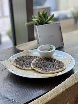 gluten free zaatar manaeesh  at Plant Cafe in Hamala