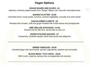 Vegan menu at Source in York