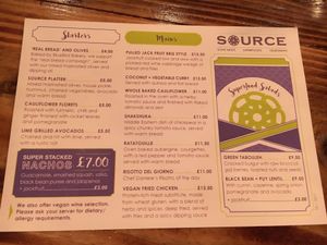 Vegan menu  at Source in York