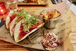 Taco Taco Taco Tray with fries and slaw at Source in York
