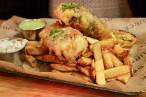 'Fish' and chips with mushy peas and tartar sauce at Source in York