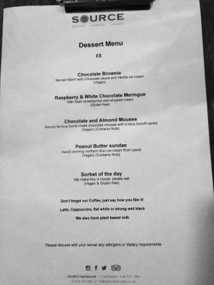 Menu as at Sept 2019 at Source in York