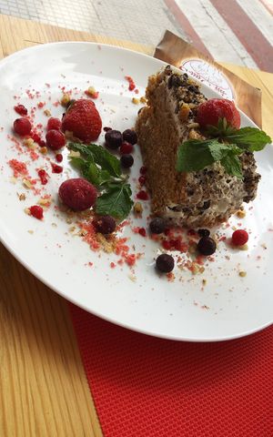 Tarta de zanahoria con crema de coco y cacao mmmm! at Sa Cova in Mallorca