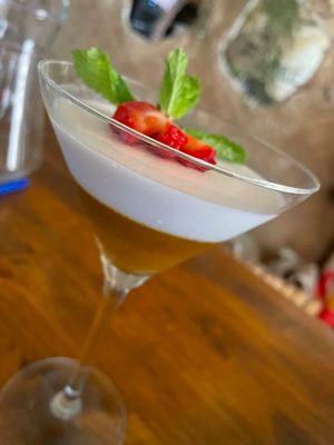 Panna cotta con mouse de mango fresco, tienes que probar! at Sa Cova in Mallorca