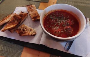 Vegan meatball starter with tomato salsa at Sa Cova in Mallorca
