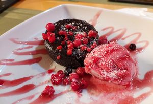 Chocolate cake with strawberry sorbet at Sa Cova in Mallorca