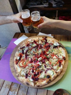 Good appetit ! Pizza with beet ...  at Sa Cova in Mallorca