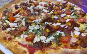 #PizzaJackfruit #Veganceese #Spinache #Almonds #palmademallorca #Pizzeriaveganapalma # at Sa Cova in Mallorca