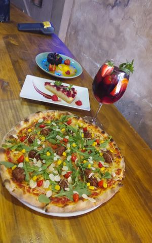 Vegan pizza MEATBALLS,  Vegan Strawberry cake, Vegan chocolate vale and ace cream at Sa Cova in Mallorca