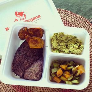 Beans beef, tofu, baked potato at Raposa Vegana in Cuiaba