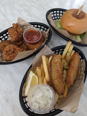 "KFC" with volcano sauce, tofu fish and chips, chick'n burger at The Fish Shack in Canberra